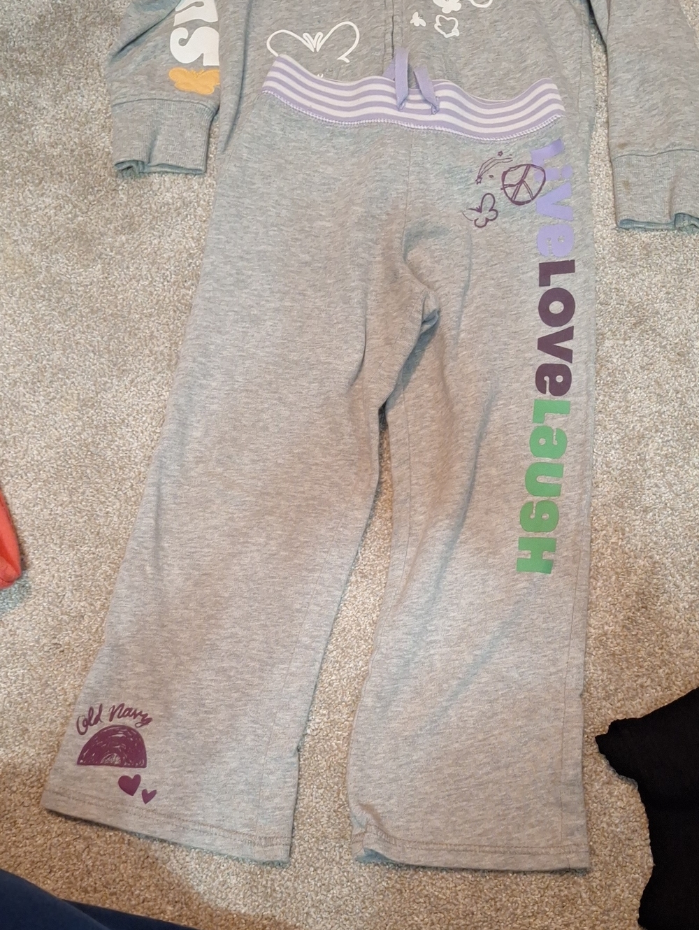 Old Navy Gray Sweatpants with Lavender and Green 'Love Laugh' Graphics An Jacket